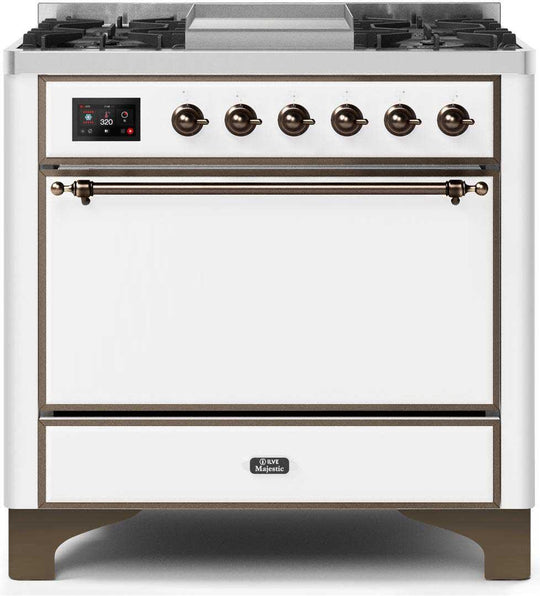 Ilve UM09FDQNS3WHBLP Majestic Ii 36 Inch Dual Fuel Liquid Propane Freestanding Range In White With Bronze Trim