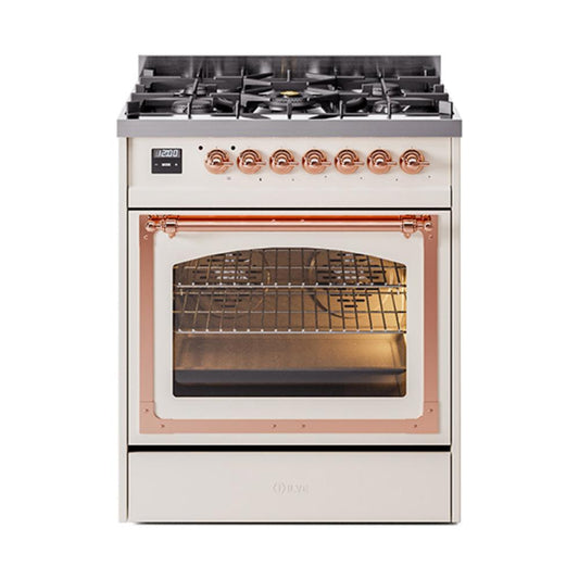 Ilve UN30NMPAWP Ilve Un30Nmpawp Nostalgie Ii Noblesse 30" Dual Fuel Range (Natural Gas, Triple Glass Door, Antique White, Copper)