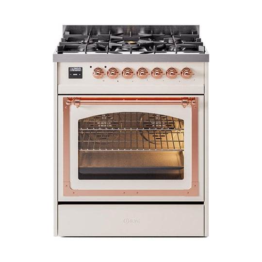 Ilve UN30NMPAWP Ilve Un30Nmpawp Nostalgie Ii Noblesse 30" Dual Fuel Range (Natural Gas, Triple Glass Door, Antique White, Copper)