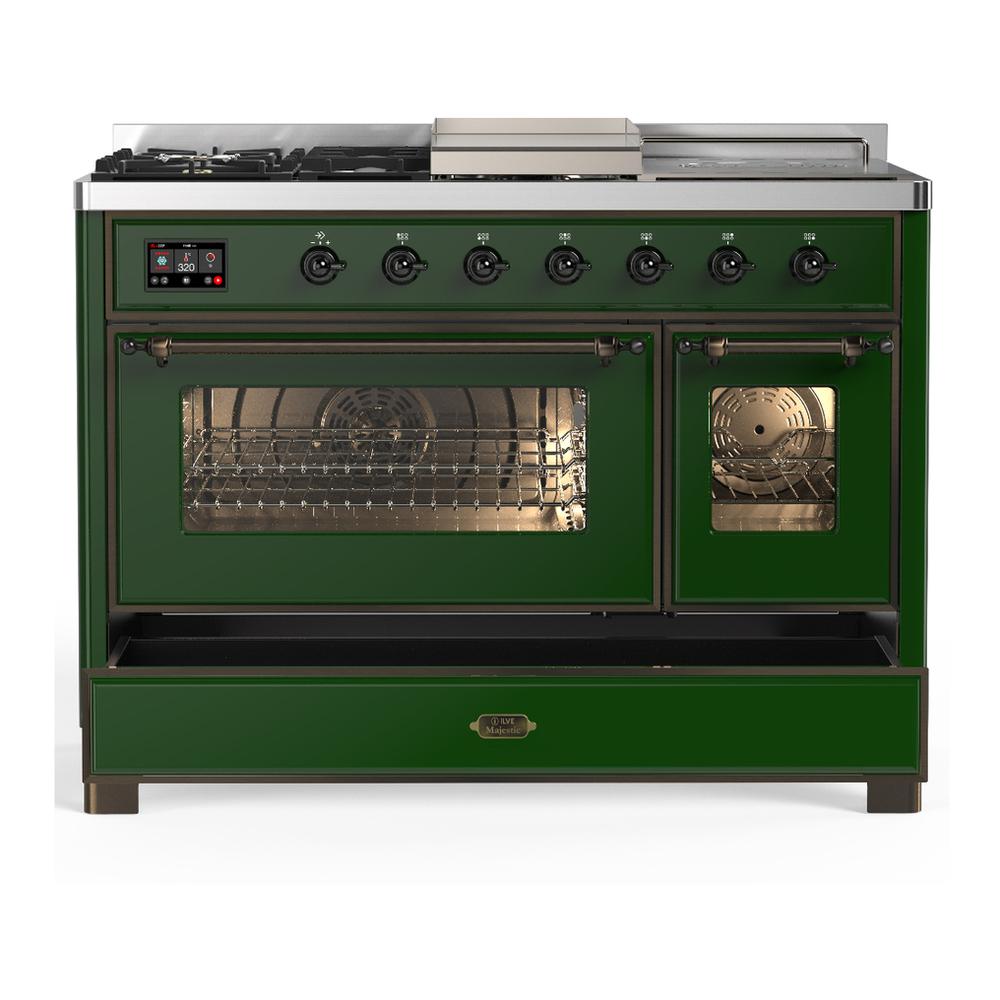 Ilve UM48FSNR3EGB Ilve Um48Fsnr3Egb Majestic Iii 48 Inch Dual Fuel Range With 5 Black Brass Burners, Griddle And French Top, Dual Function Burner Up To 25,000 Btu (Natural Gas, Triple Glass Door, Emerald Green, Burnished)