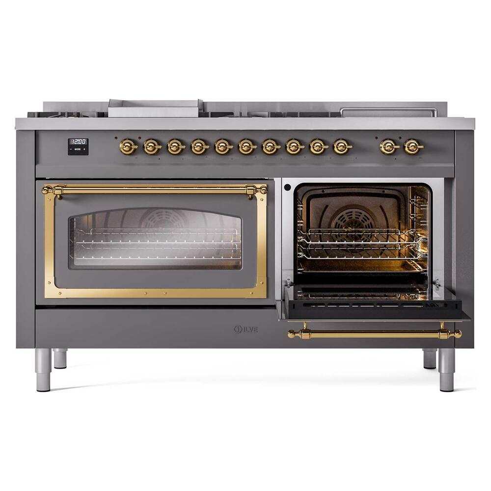 Ilve UN60FSNMPMGGLP Ilve Un60Fsnmpmgglp Nostalgie Ii Noblesse 60" Dual Fuel Range (7 Sealed Burners + Griddle + French Top, Liquid Propane, Triple Glass Door, Graphite Matte, Brass)