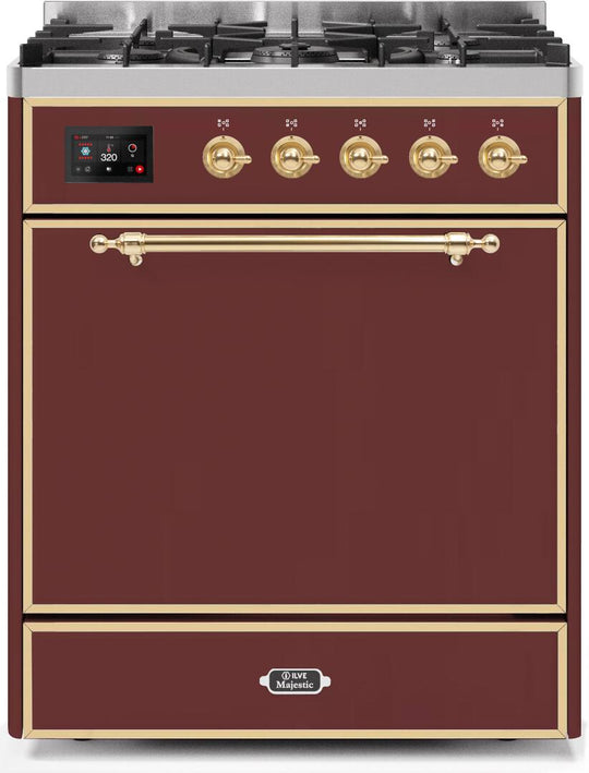 Ilve UM30DQNE3BUG Majestic Ii 30 Inch Dual Fuel Natural Gas Freestanding Range In Burgundy With Brass Trim