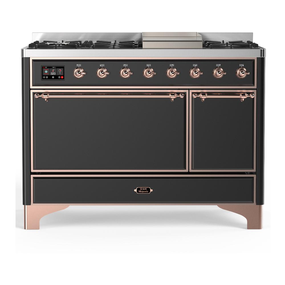 Ilve UM48FQNR3MGPLP Ilve Um48Fqnr3Mgplp Majestic Iii 48 Inch Dual Fuel Range With 8 Burners And Griddle, Dual Function Burner Up To 25,000 Btu (Liquid Propane, Solid Door, Graphite Matte, Copper)