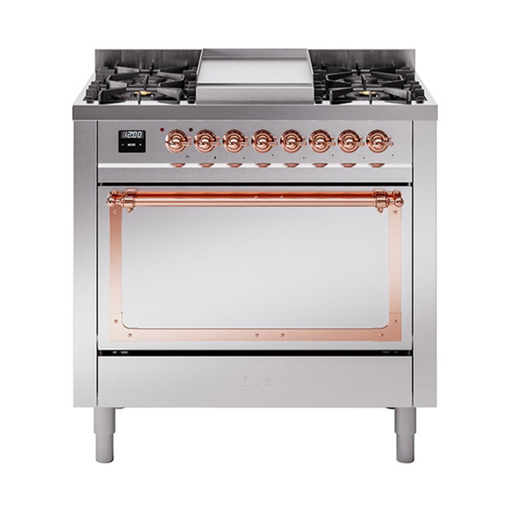 Ilve UN36FQNMPSSP Ilve Un36Fqnmpssp Nostalgie Ii Noblesse 36" Dual Fuel Range (Natural Gas, Solid Door, Stainless Steel, Copper)