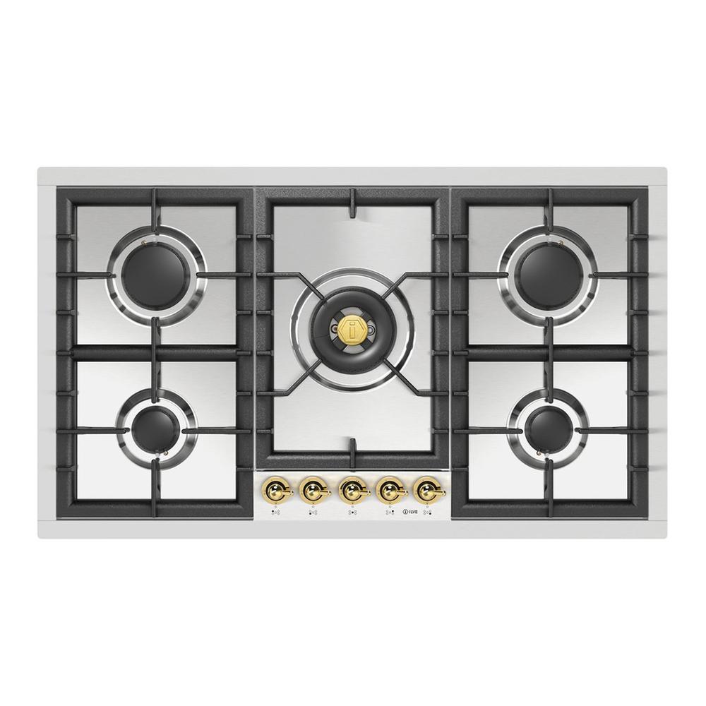 Ilve UHCPT95NSSGLP Ilve Uhcpt95Nssglp Nostalgie Ii 36 Inch Built-In Gas Cooktop With Total Black Brass Burners, In Stainless Steel (5 Sealed Burners, Liquid Propane, Brass)