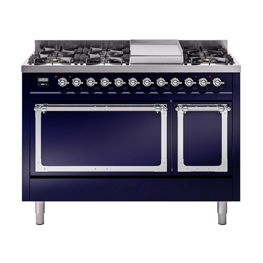 Ilve UN48FQNMPMBC Ilve Un48Fqnmpmbc Nostalgie Ii Noblesse 48" Dual Fuel Range (8 Sealed Burners + Griddle, Natural Gas, Solid Door, Midnight Blue, Chrome)