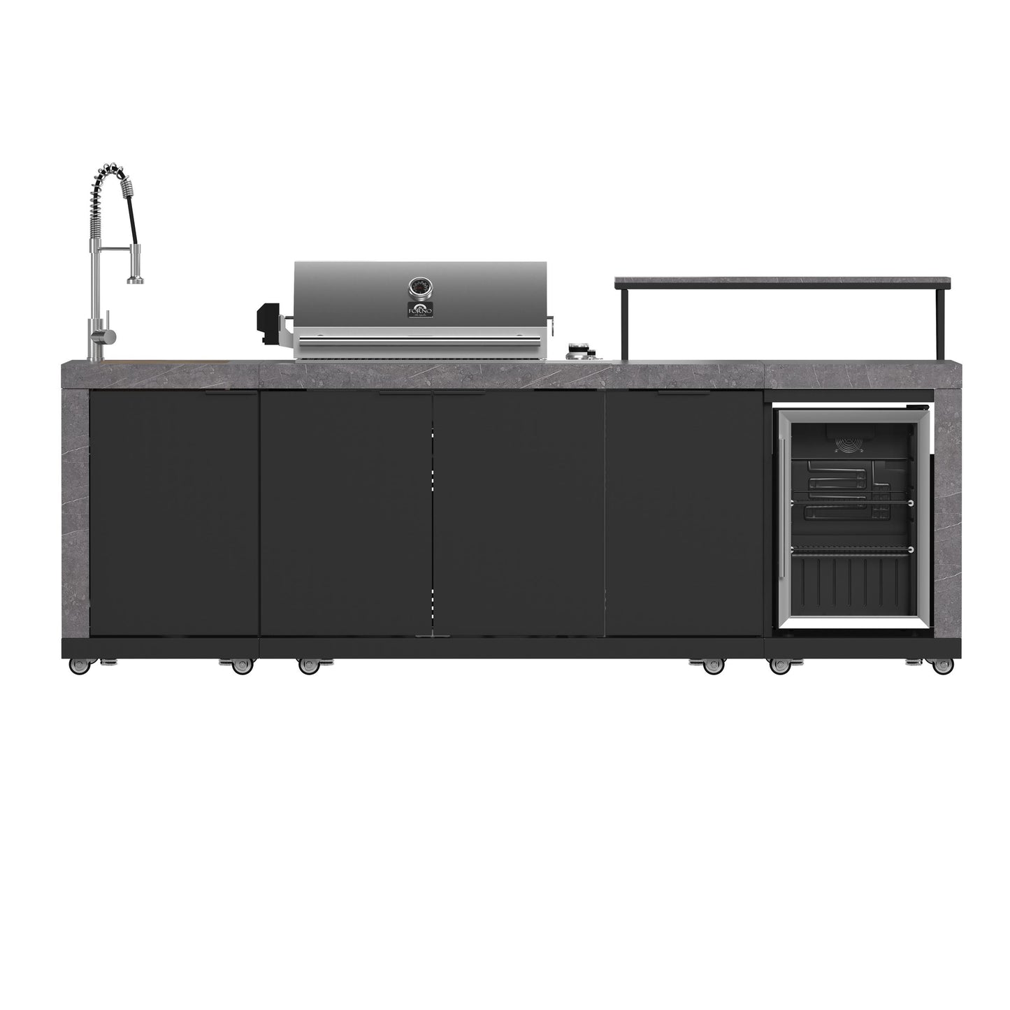 Forno FODKT2544BLK Forno Rimini Outdoor Kitchen 30" Bbq 62,600 Btu, 3 Burners With Sear & Rotisserie, 2.4 Cu.Ft. Beverage Center, Stainless Steel Sink, Black Cabinets & Gray Sintered Stone Countertop