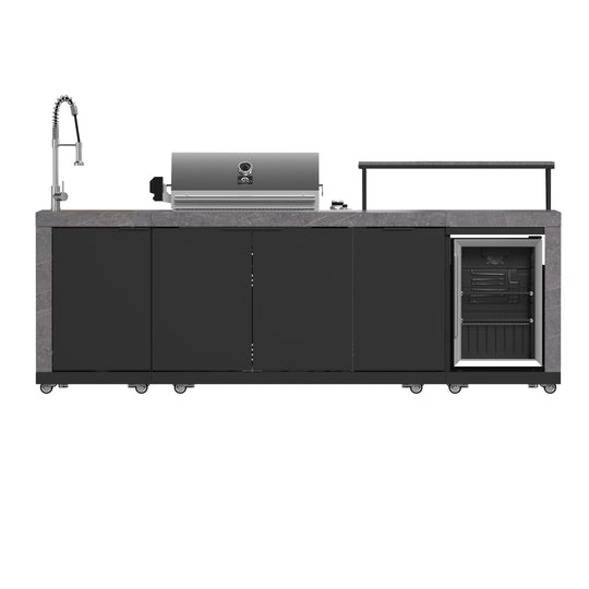 Forno FODKT2544BLK Forno Rimini Outdoor Kitchen 30" Bbq 62,600 Btu, 3 Burners With Sear & Rotisserie, 2.4 Cu.Ft. Beverage Center, Stainless Steel Sink, Black Cabinets & Gray Sintered Stone Countertop