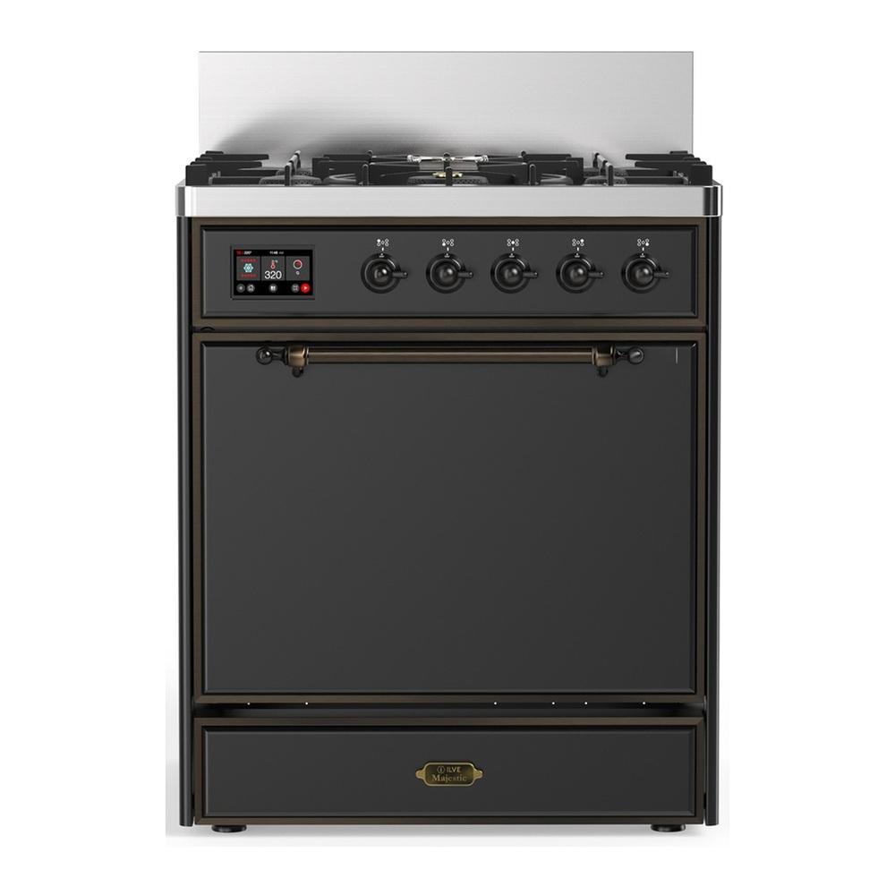 Ilve UM30QNR3MGBLP Ilve Um30Qnr3Mgblp Majestic Iii 30 Inch Dual Fuel Range With 5 Black Brass Burners, Dual Function Burner Up To 25,000 Btu (Liquid Propane, Solid Door, Graphite Matte, Burnished)