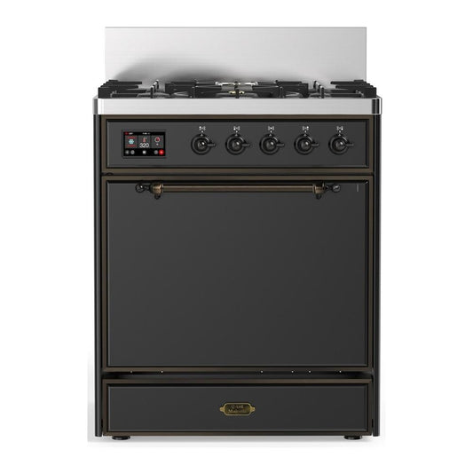Ilve UM30QNR3MGBLP Ilve Um30Qnr3Mgblp Majestic Iii 30 Inch Dual Fuel Range With 5 Black Brass Burners, Dual Function Burner Up To 25,000 Btu (Liquid Propane, Solid Door, Graphite Matte, Burnished)