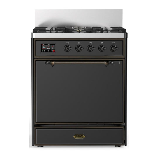 Ilve UM30QNR3MGBLP Ilve Um30Qnr3Mgblp Majestic Iii 30 Inch Dual Fuel Range With 5 Black Brass Burners, Dual Function Burner Up To 25,000 Btu (Liquid Propane, Solid Door, Graphite Matte, Burnished)