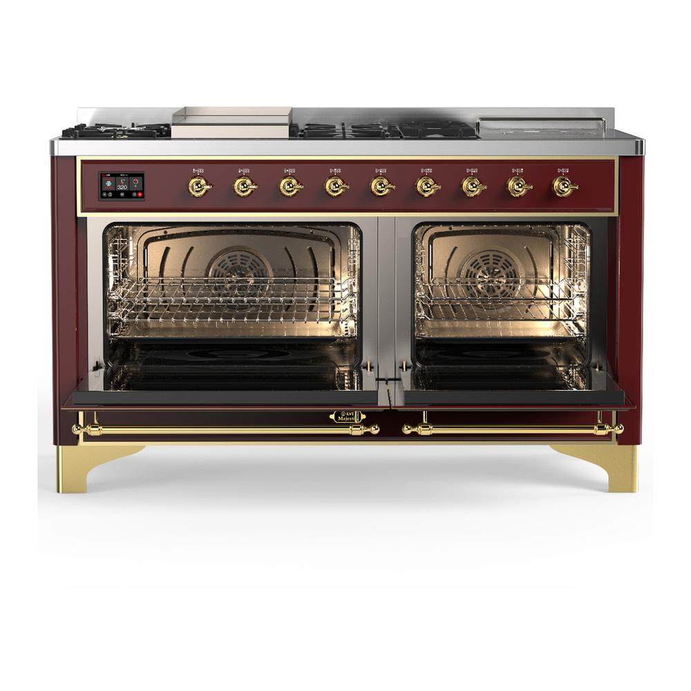 Ilve UM60FSQNR3BUGLP Ilve Um60Fsqnr3Buglp Majestic Iii 60 Inch Dual Fuel Range With 7 Burners, Griddle And French Top, Dual Function Burner With Up To 25,000 Btu (Liquid Propane, Solid Door, Burgundy, Brass)