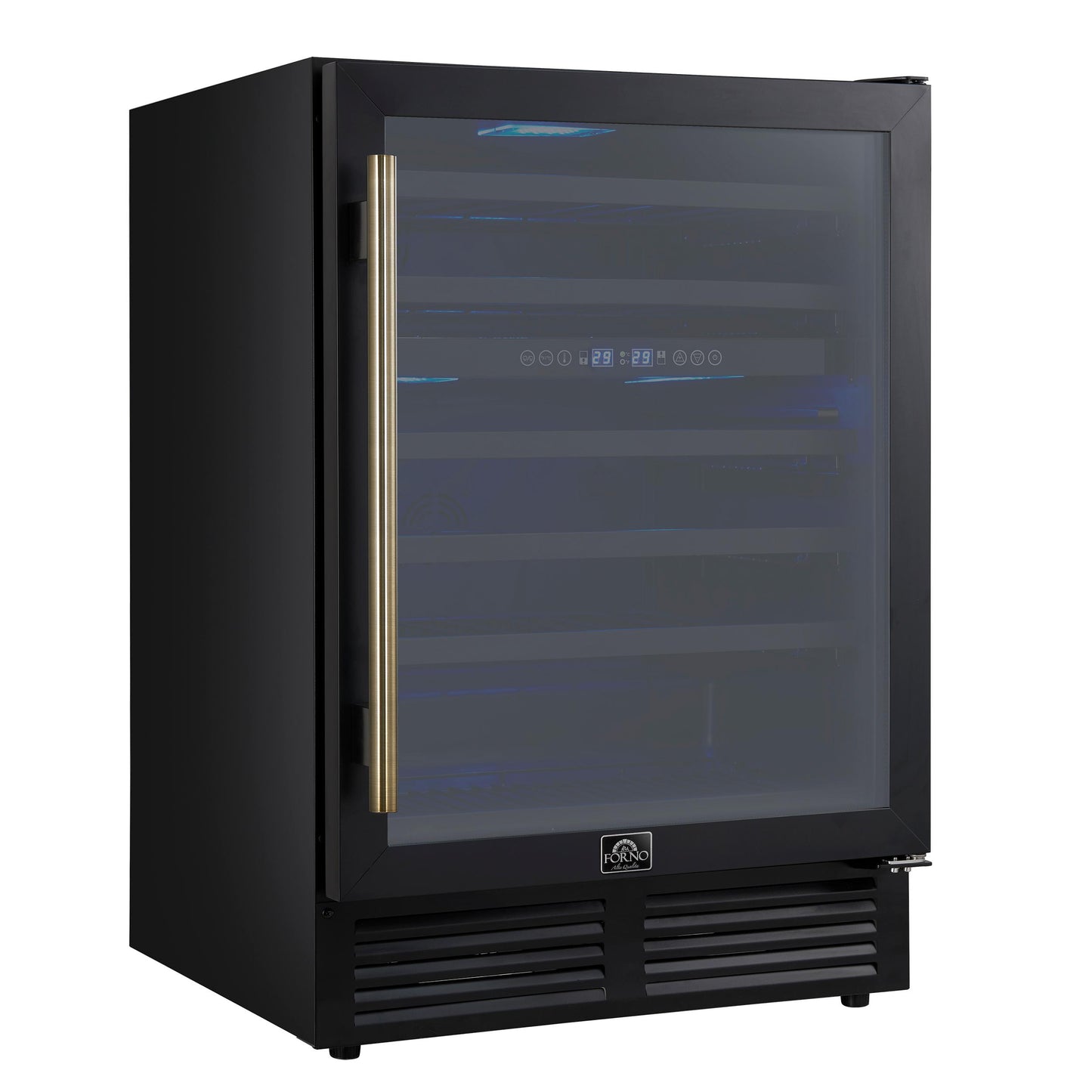 Forno FWCDR663424BLK Forno Bacchino 24 Inch Wine Cooler, Black With Antique Brass Handles, With Led Lighting, Triple Glass Door, 51 Bottle Capacity, Built-In Or Freestanding