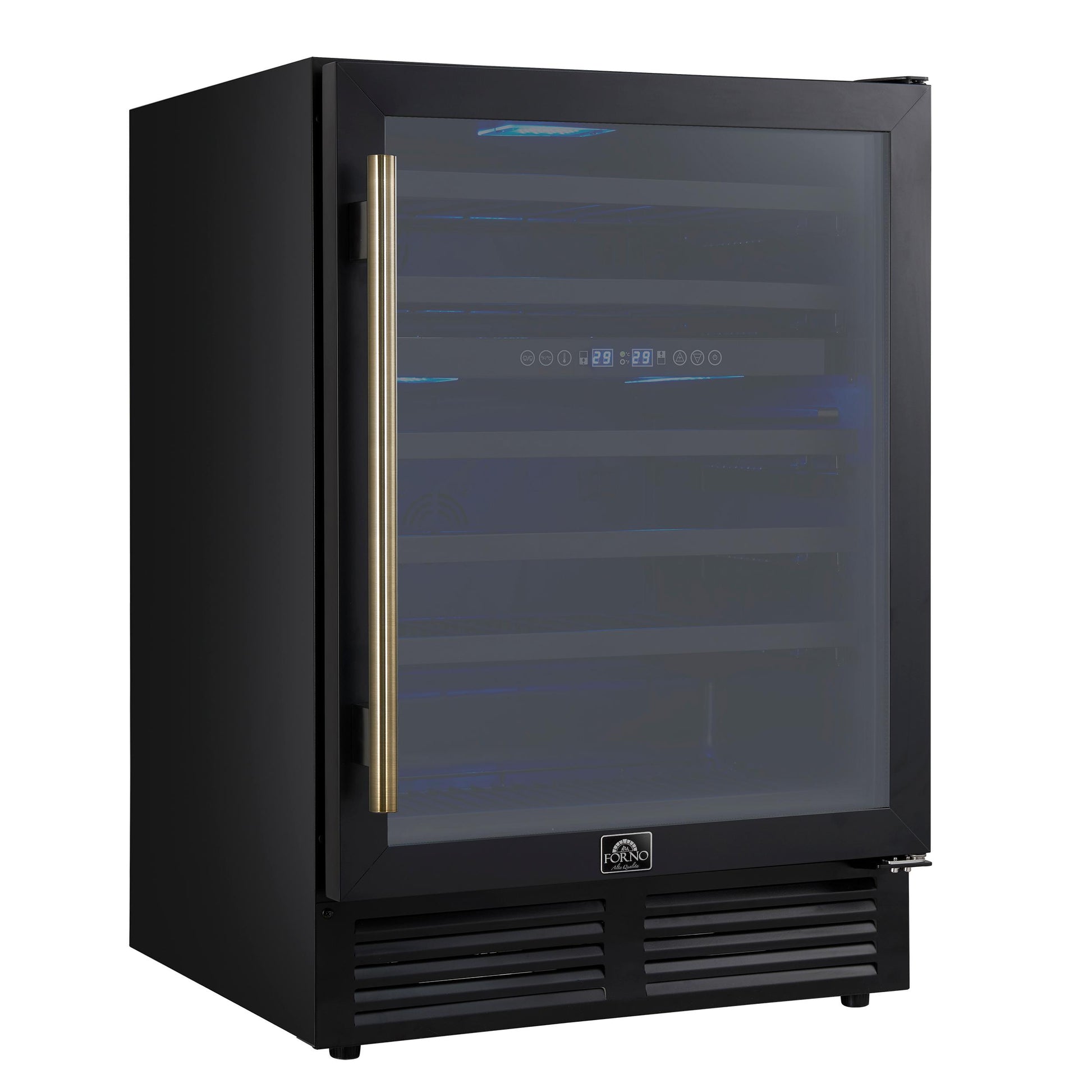 Forno FWCDR663424BLK Forno Bacchino 24 Inch Wine Cooler, Black With Antique Brass Handles, With Led Lighting, Triple Glass Door, 51 Bottle Capacity, Built-In Or Freestanding