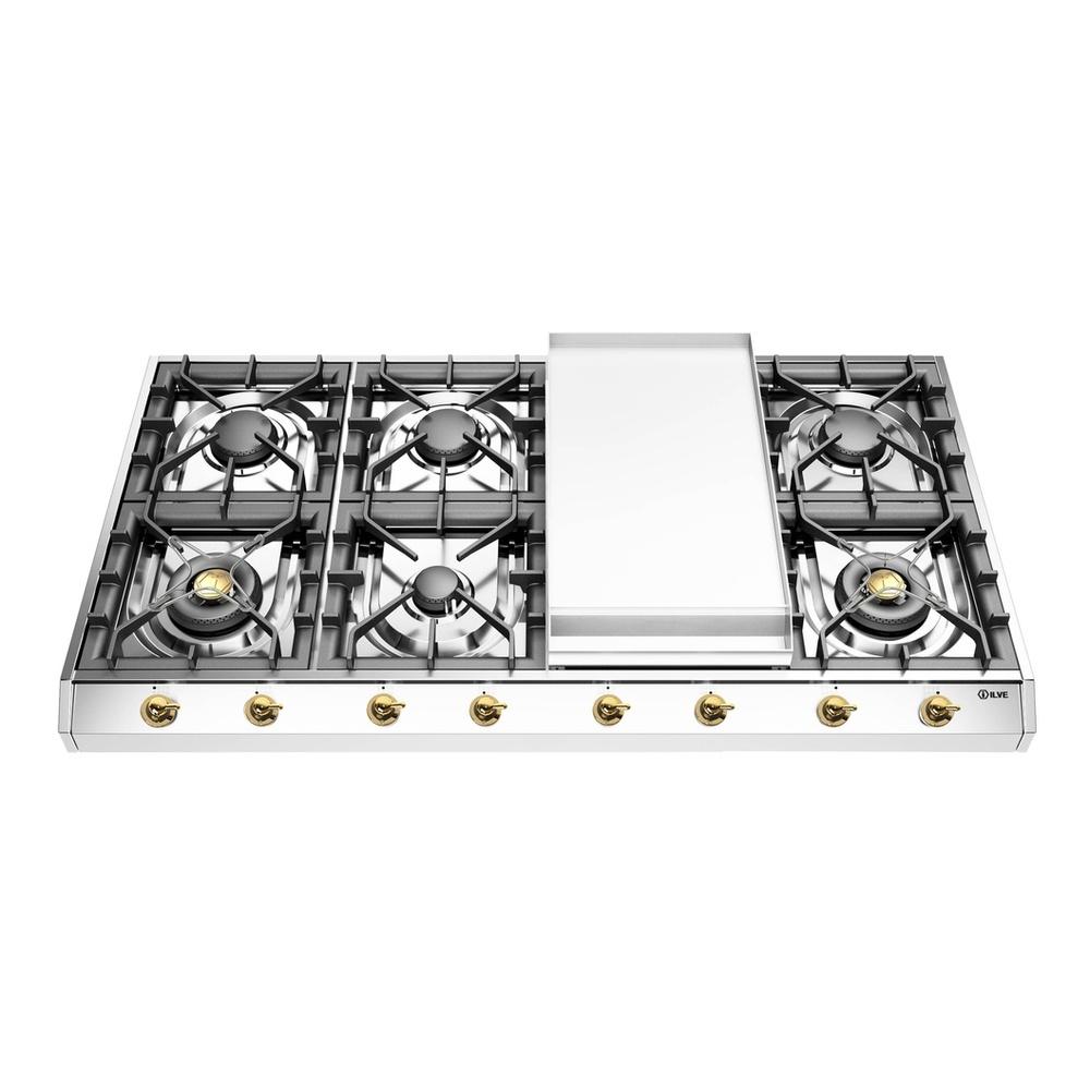 Ilve UHCP1265FNSSGLP Ilve Uhcp1265Fnssglp Nostalgie Ii 48 Inch Gas Cooktop With 8 Burners, Griddle, In Stainless Steel (Liquid Propane, Brass)