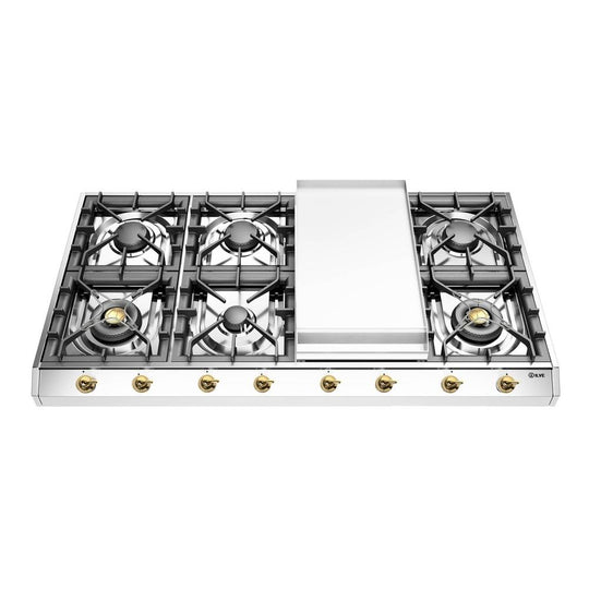 Ilve UHCP1265FNSSGLP Ilve Uhcp1265Fnssglp Nostalgie Ii 48 Inch Gas Cooktop With 8 Burners, Griddle, In Stainless Steel (Liquid Propane, Brass)