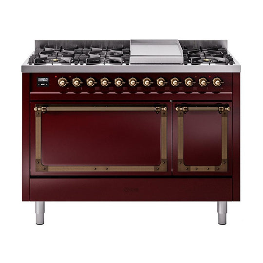 Ilve UN48FQNMPBUB Ilve Un48Fqnmpbub Nostalgie Ii Noblesse 48" Dual Fuel Range (8 Sealed Burners + Griddle, Natural Gas, Solid Door, Burgundy, Burnished)