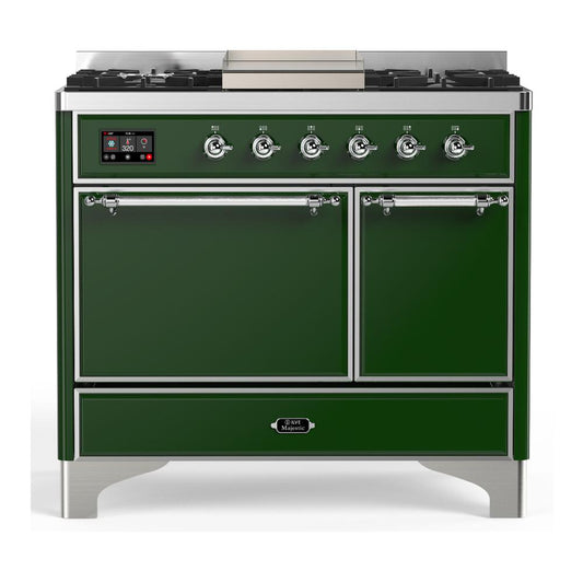 Ilve UMD40FQNR3EGC Ilve Umd40Fqnr3Egc Majestic Iii 40 Inch Dual Fuel Range With 6 Burners And Griddle, Dual Function Burner Up To 25,000 Btu (Natural Gas, Solid Door, Emerald Green, Chrome)