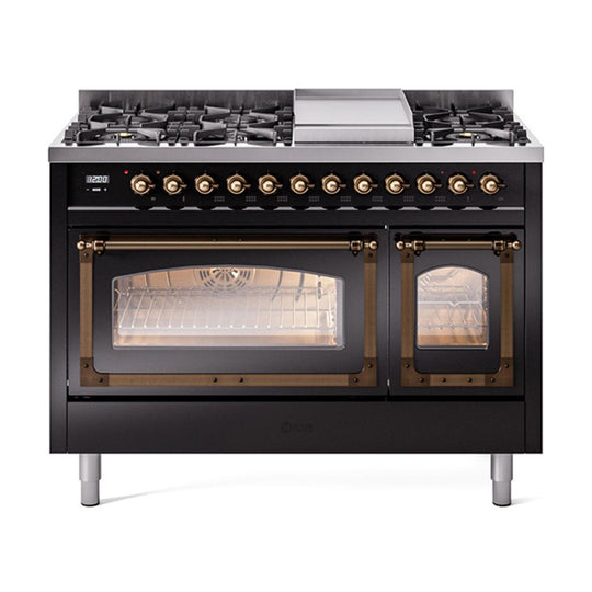 Ilve UN48FNMPBKB Ilve Un48Fnmpbkb Nostalgie Ii Noblesse 48" Dual Fuel Range (8 Sealed Burners + Griddle, Natural Gas, Triple Glass Door, Glossy Black, Burnished)