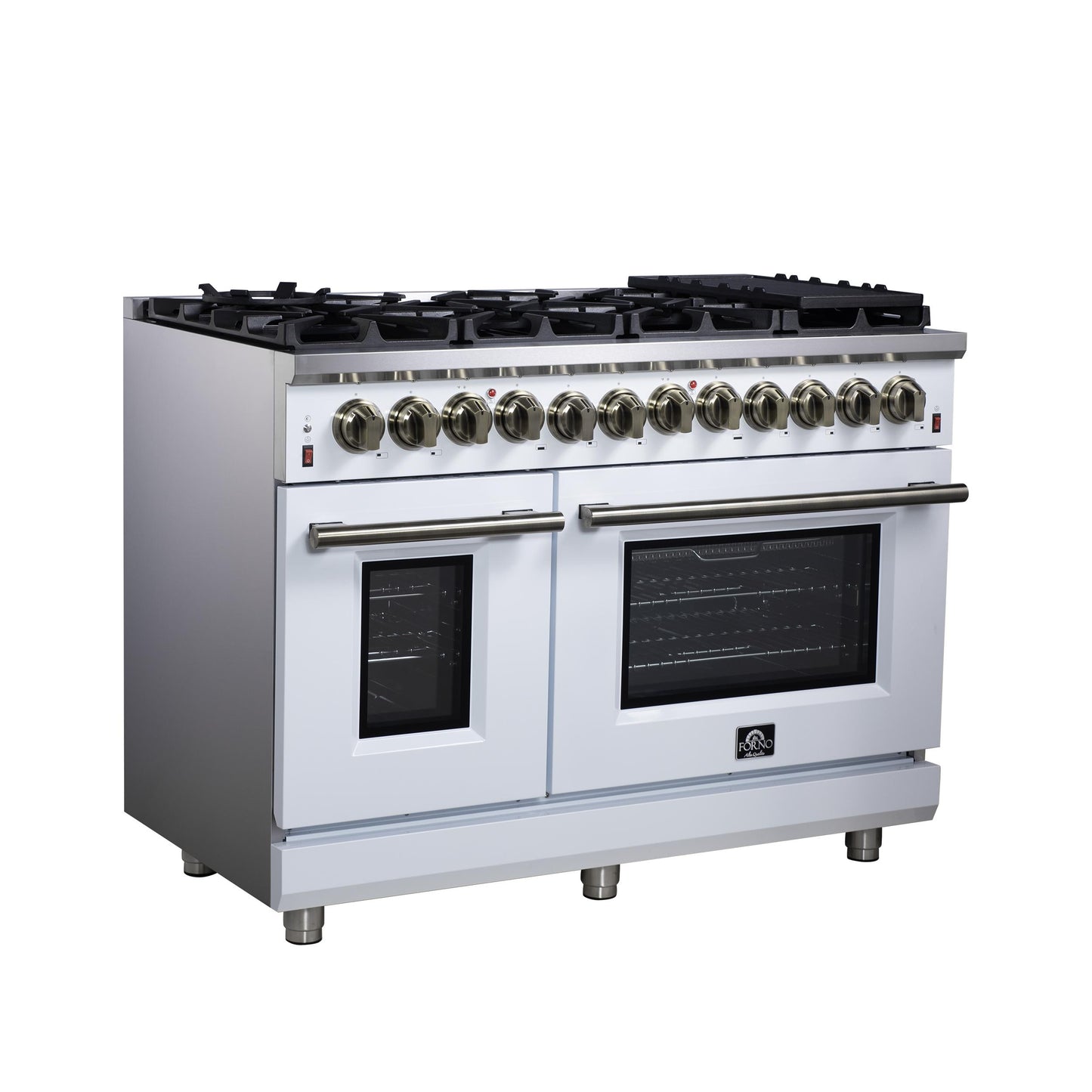 Forno FFSGS612548WHT Forno Massimo 48 Inch Freestanding Dual Fuel Range In White With Antique Brass Accessories, 8 Burners, 6.58 Cu. Ft. Convection Oven