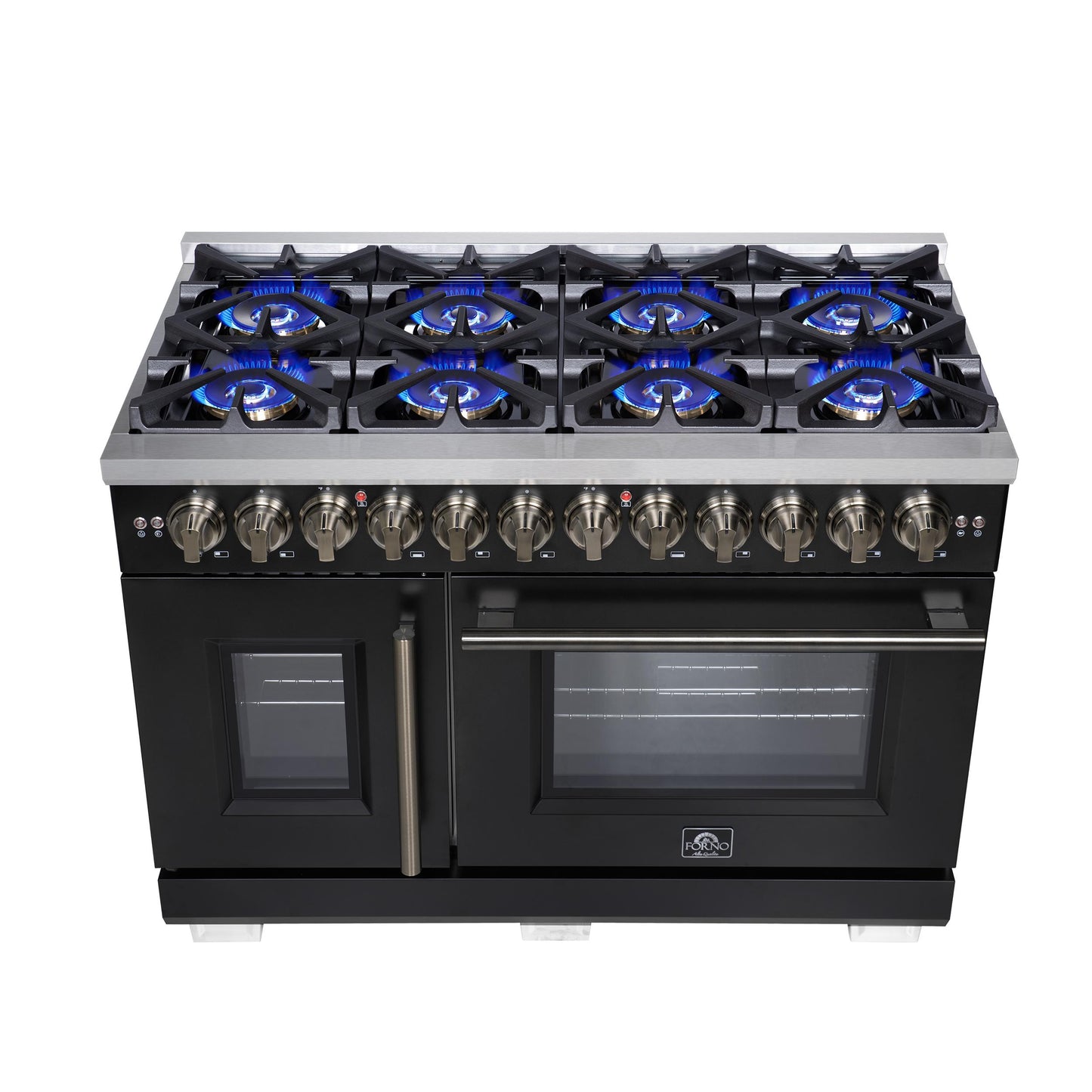 Forno FFSGS638748BLK Forno Capriasca 48 Inch Freestanding French Door Dual Fuel Range In Black With Antique Brass Accessories, 8 Burners, True Convection Oven