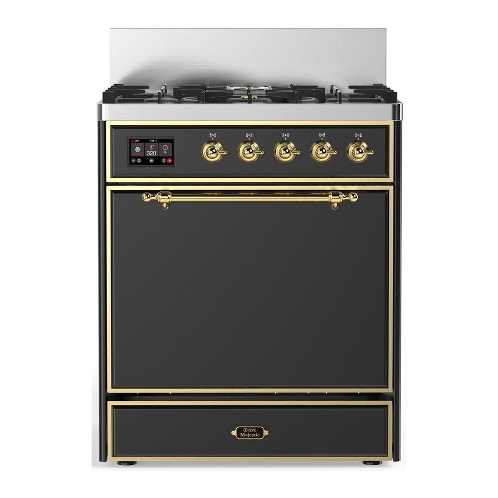Ilve UM30QNR3MGGLP Ilve Um30Qnr3Mgglp Majestic Iii 30 Inch Dual Fuel Range With 5 Black Brass Burners, Dual Function Burner Up To 25,000 Btu (Liquid Propane, Solid Door, Graphite Matte, Brass)