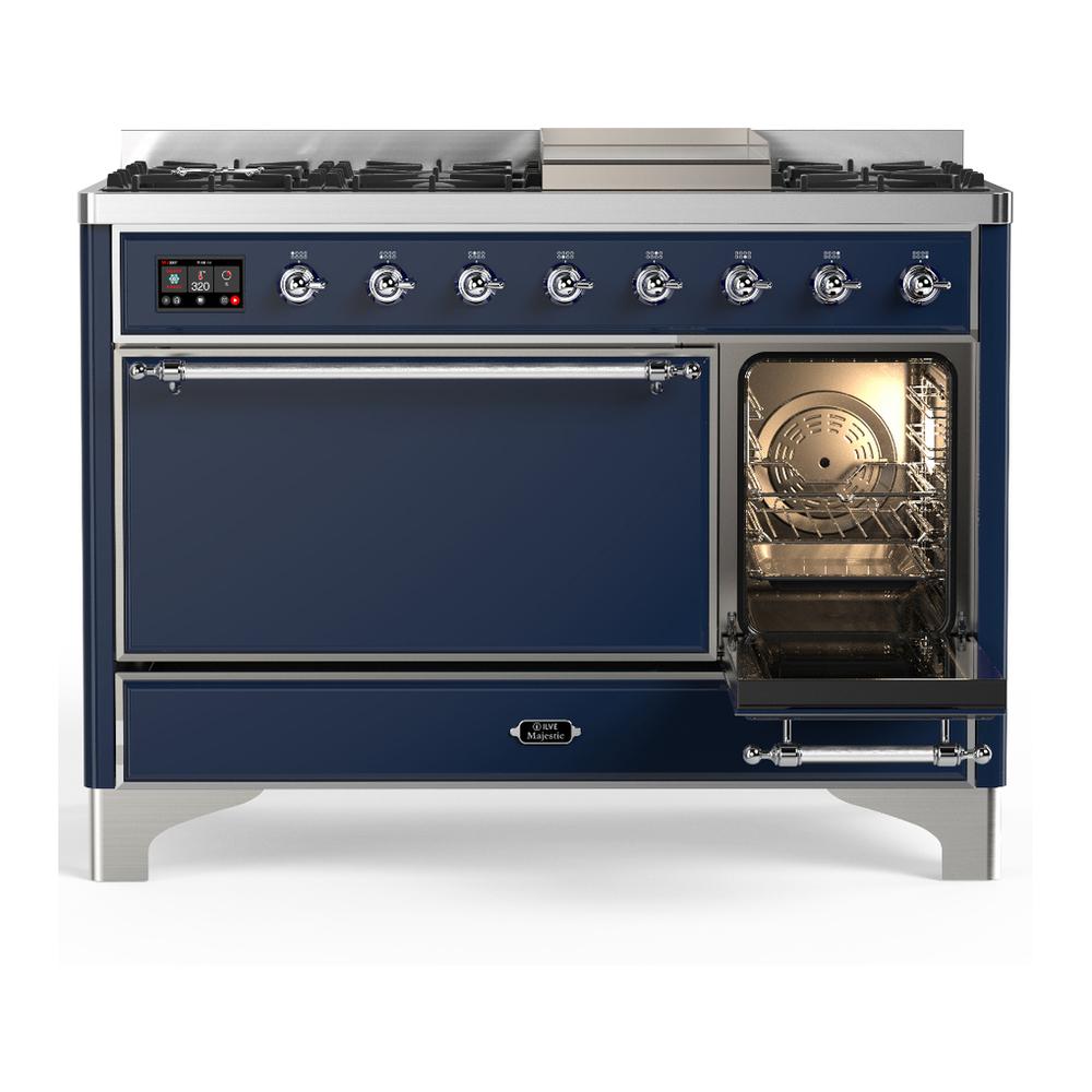 Ilve UM48FQNR3MBCLP Ilve Um48Fqnr3Mbclp Majestic Iii 48 Inch Dual Fuel Range With 8 Burners And Griddle, Dual Function Burner Up To 25,000 Btu (Liquid Propane, Solid Door, Midnight Blue, Chrome)