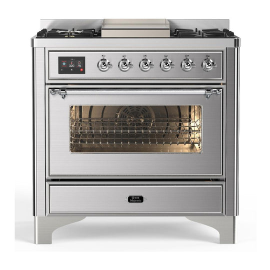 Ilve UM36FNR3SSCLP Ilve Um36Fnr3Ssclp Majestic Iii 36 Inch Dual Fuel Range With 6 Black Brass Burners And Griddle, Dual Function Burner Up To 25,000 Btu (Triple Glass Door, Stainless Steel, Chrome, Liquid Propane)