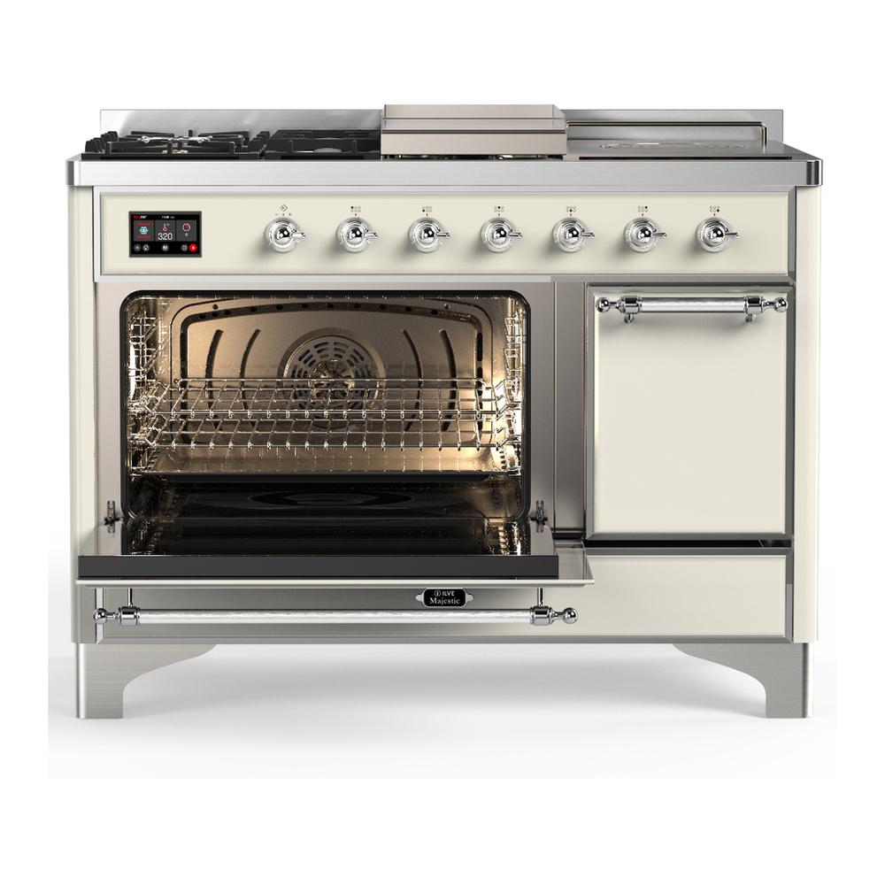 Ilve UM48FSQNR3AWCLP Ilve Um48Fsqnr3Awclp Majestic Iii 48 Inch Dual Fuel Range With 5 Black Brass Burners, Griddle And French Top, Dual Function Burner Up To 25,000 Btu (Liquid Propane, Solid Door, Antique White, Chrome)