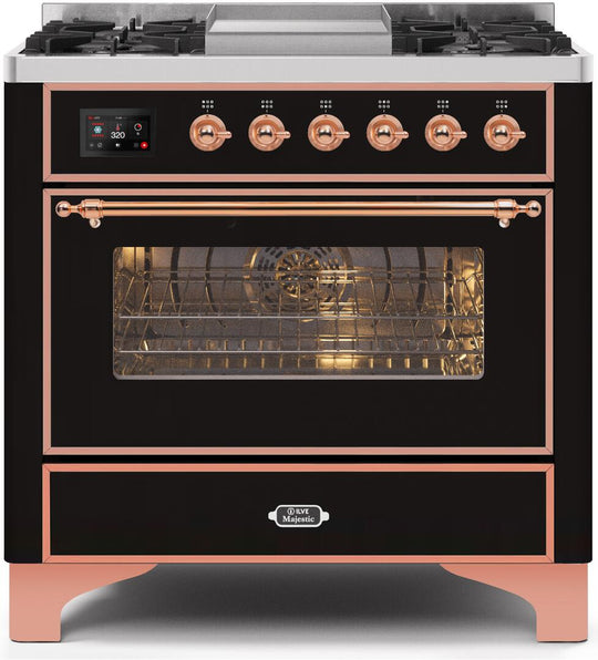 Ilve UM09FDNS3BKPLP Majestic Ii 36 Inch Dual Fuel Liquid Propane Freestanding Range In Glossy Black With Copper Trim