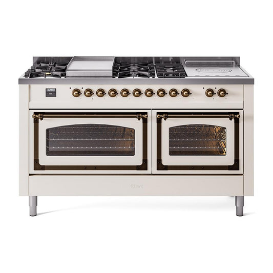 Ilve UN60FSNMPAWBLP Ilve Un60Fsnmpawblp Nostalgie Ii Noblesse 60" Dual Fuel Range (7 Sealed Burners + Griddle + French Top, Liquid Propane, Triple Glass Door, Antique White, Burnished)