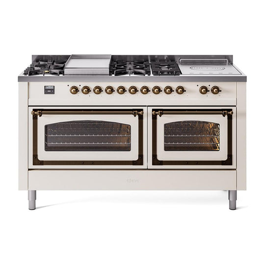 Ilve UN60FSNMPAWBLP Ilve Un60Fsnmpawblp Nostalgie Ii Noblesse 60" Dual Fuel Range (7 Sealed Burners + Griddle + French Top, Liquid Propane, Triple Glass Door, Antique White, Burnished)
