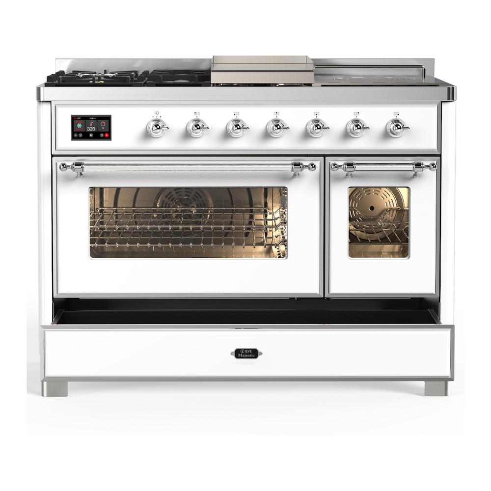 Ilve UM48FSNR3WHCLP Ilve Um48Fsnr3Whclp Majestic Iii 48 Inch Dual Fuel Range With 5 Black Brass Burners, Griddle And French Top, Dual Function Burner Up To 25,000 Btu (Liquid Propane, Triple Glass Door, White, Chrome)