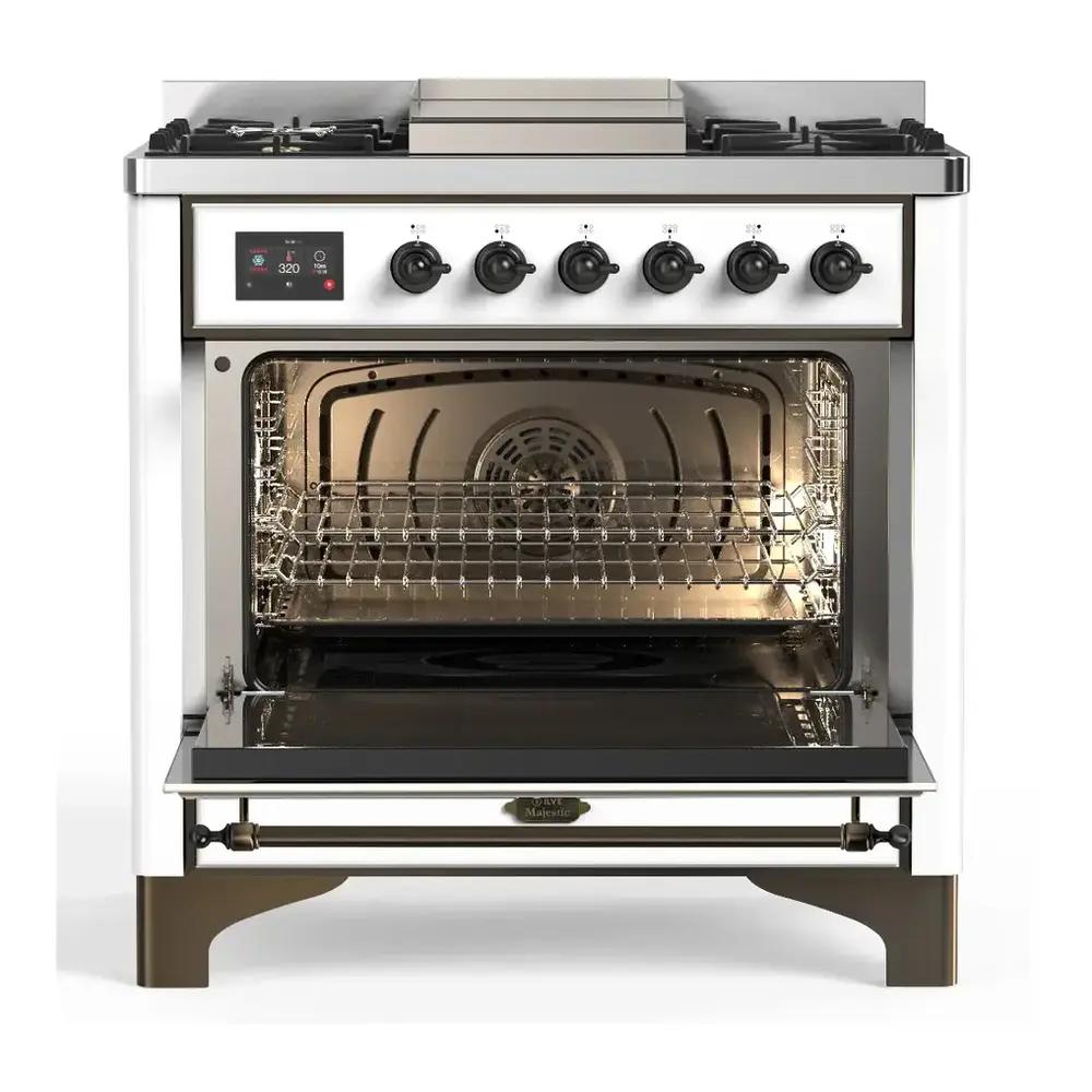 Ilve UM36FNR3RAB Ilve Um36Fnr3Rab Majestic Iii 36 Inch Dual Fuel Range With 6 Black Brass Burners And Griddle, Dual Function Burner Up To 25,000 Btu (Triple Glass Door, Ral, Burnished, Natural Gas)