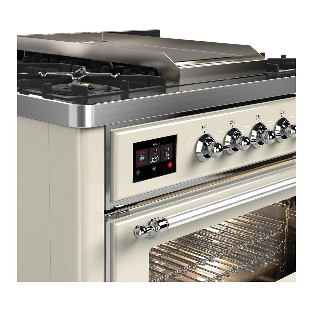 Ilve UM36FNR3AWCLP Ilve Um36Fnr3Awclp Majestic Iii 36 Inch Dual Fuel Range With 6 Black Brass Burners And Griddle, Dual Function Burner Up To 25,000 Btu (Triple Glass Door, Antique White, Chrome, Liquid Propane)