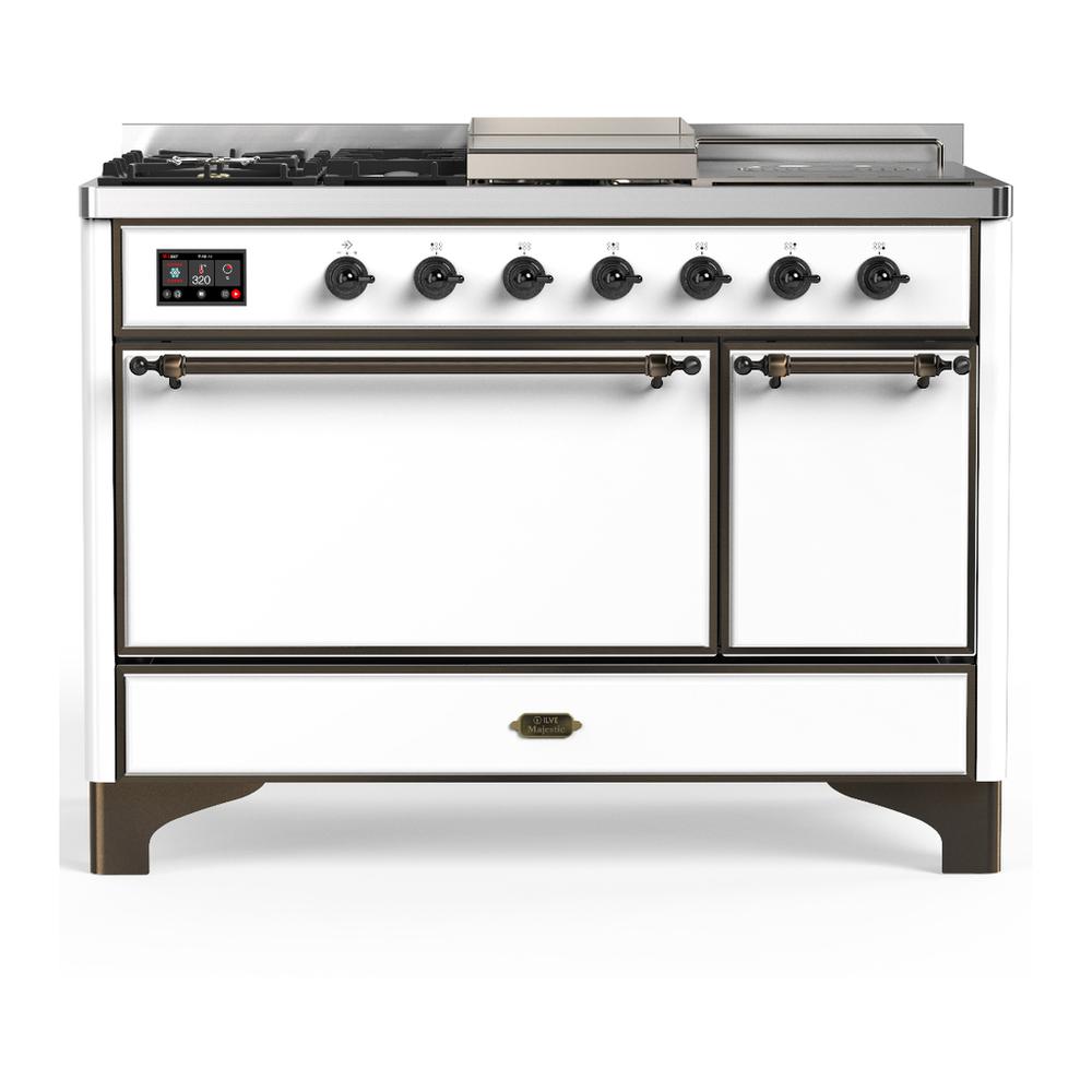 Ilve UM48FSQNR3WHB Ilve Um48Fsqnr3Whb Majestic Iii 48 Inch Dual Fuel Range With 5 Black Brass Burners, Griddle And French Top, Dual Function Burner Up To 25,000 Btu (Natural Gas, Solid Door, White, Burnished)