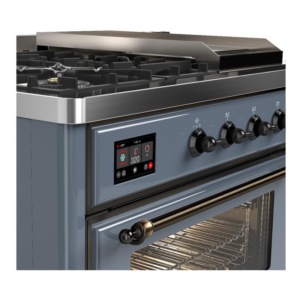 Ilve UM48FSNR3BGBLP Ilve Um48Fsnr3Bgblp Majestic Iii 48 Inch Dual Fuel Range With 5 Black Brass Burners, Griddle And French Top, Dual Function Burner Up To 25,000 Btu (Liquid Propane, Triple Glass Door, Blue Grey, Burnished)