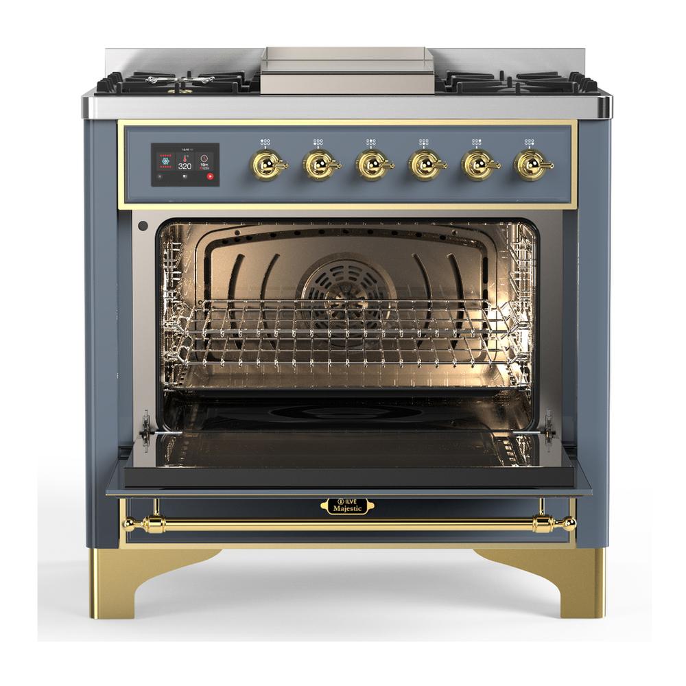 Ilve UM36FQNR3BGG Ilve Um36Fqnr3Bgg Majestic Iii 36 Inch Dual Fuel Range With 6 Black Brass Burners And Griddle, Dual Function Burner Up To 25,000 Btu (Solid Door, Blue Grey, Brass, Natural Gas)