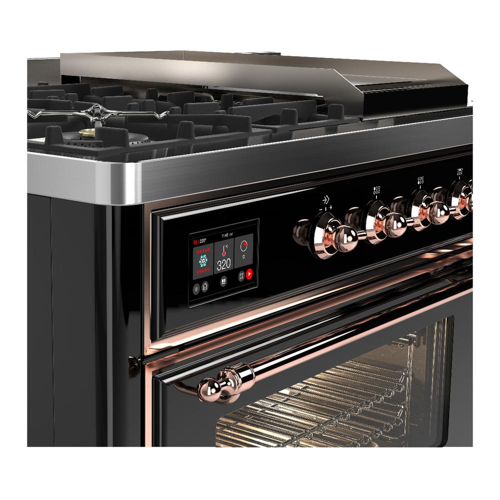 Ilve UM48FSNR3BKP Ilve Um48Fsnr3Bkp Majestic Iii 48 Inch Dual Fuel Range With 5 Black Brass Burners, Griddle And French Top, Dual Function Burner Up To 25,000 Btu (Natural Gas, Triple Glass Door, Glossy Black, Copper)