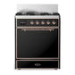 Ilve UM30QNR3BKPLP Ilve Um30Qnr3Bkplp Majestic Iii 30 Inch Dual Fuel Range With 5 Black Brass Burners, Dual Function Burner Up To 25,000 Btu (Liquid Propane, Solid Door, Glossy Black, Copper)