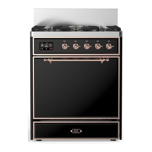 Ilve UM30QNR3BKPLP Ilve Um30Qnr3Bkplp Majestic Iii 30 Inch Dual Fuel Range With 5 Black Brass Burners, Dual Function Burner Up To 25,000 Btu (Liquid Propane, Solid Door, Glossy Black, Copper)