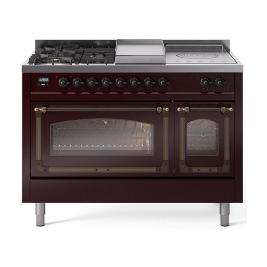 Ilve UN48FSNMPBUB Ilve Un48Fsnmpbub Nostalgie Ii Noblesse 48" Dual Fuel Range (5 Sealed Burners + Griddle + French Top, Natural Gas, Triple Glass Door, Burgundy, Burnished)