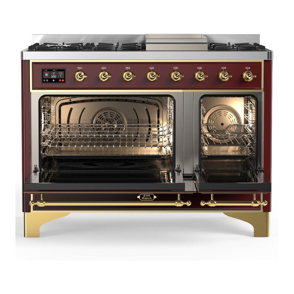 Ilve UM48FNR3BUGLP Ilve Um48Fnr3Buglp Majestic Iii 48 Inch Dual Fuel Range With 8 Burners And Griddle, Dual Function Burner Up To 25,000 Btu (Liquid Propane, Triple Glass Door, Burgundy, Brass)