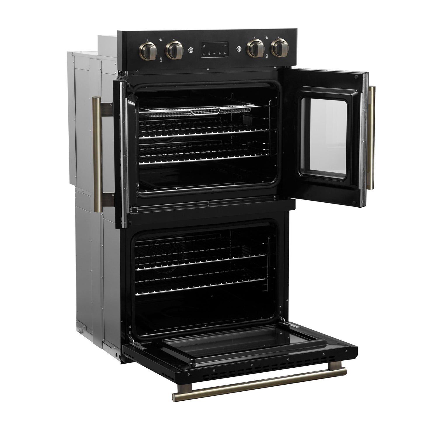 Forno FBOEL134030BLK Forno Asti 30-Inch Double Electric Wall Oven With Upper French Doors In Black & Antique Brass, 7.36 Cu. Ft. Dual True Convection, 7,200W, Air Fry, Sous Vide, Self-Clean