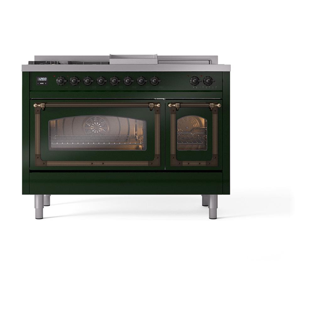 Ilve UN48FSNMPEGB Ilve Un48Fsnmpegb Nostalgie Ii Noblesse 48" Dual Fuel Range (5 Sealed Burners + Griddle + French Top, Natural Gas, Triple Glass Door, Emerald Green, Burnished)