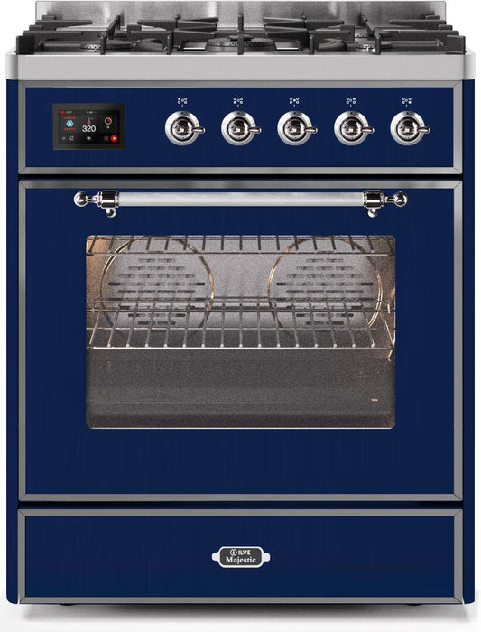 Ilve UM30DNE3MBCLP Majestic Ii 30 Inch Dual Fuel Liquid Propane Freestanding Range In Blue With Chrome Trim