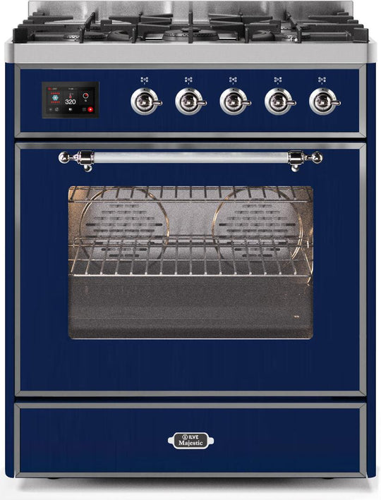 Ilve UM30DNE3MBCLP Majestic Ii 30 Inch Dual Fuel Liquid Propane Freestanding Range In Blue With Chrome Trim