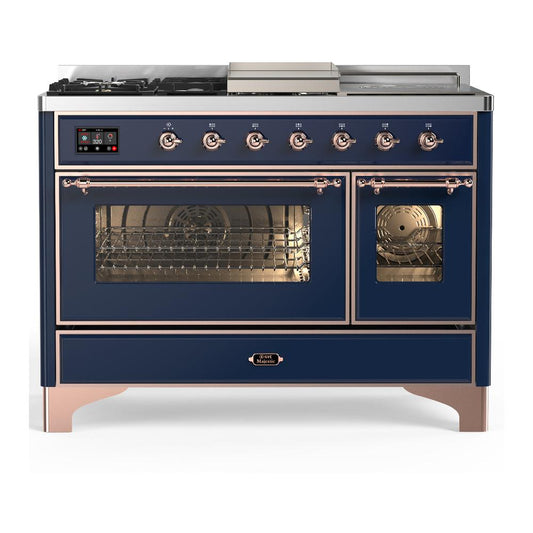 Ilve UM48FSNR3MBPLP Ilve Um48Fsnr3Mbplp Majestic Iii 48 Inch Dual Fuel Range With 5 Black Brass Burners, Griddle And French Top, Dual Function Burner Up To 25,000 Btu (Liquid Propane, Triple Glass Door, Midnight Blue, Copper)