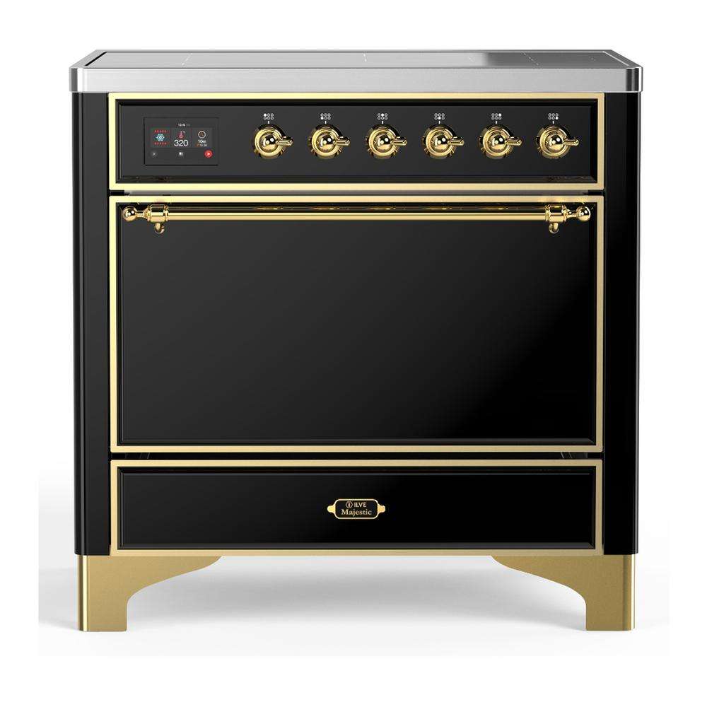 Ilve UMIB36QNR3BKG Ilve Umib36Qnr3Bkg Majestic Iii 36 Inch Induction Range With 6 Elements, 3.5 Cu. Ft. Total Oven Capacity (Solid Door, Glossy Black, Brass)