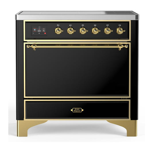 Ilve UMIB36QNR3BKG Ilve Umib36Qnr3Bkg Majestic Iii 36 Inch Induction Range With 6 Elements, 3.5 Cu. Ft. Total Oven Capacity (Solid Door, Glossy Black, Brass)